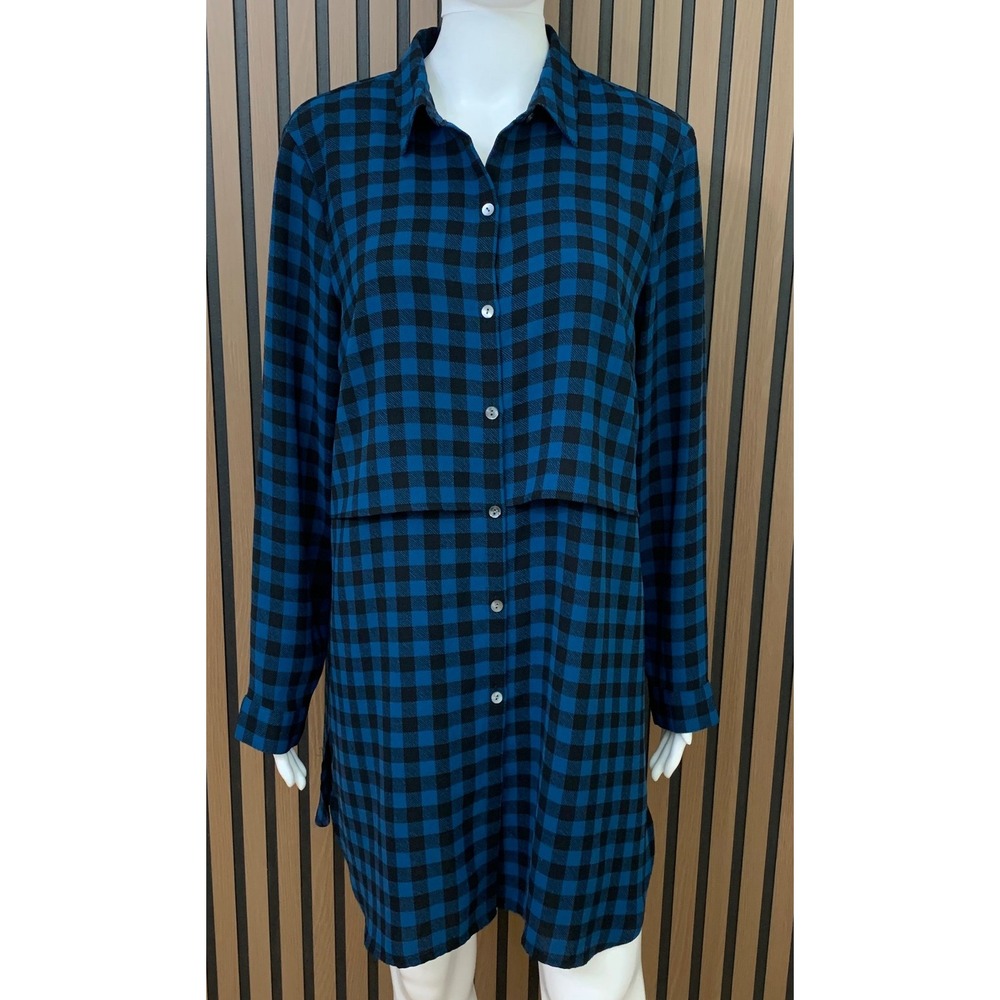 J. Jill Blue Black Buffalo‎ Plaid Button Down Tunic Blouse Medium Layered Back
